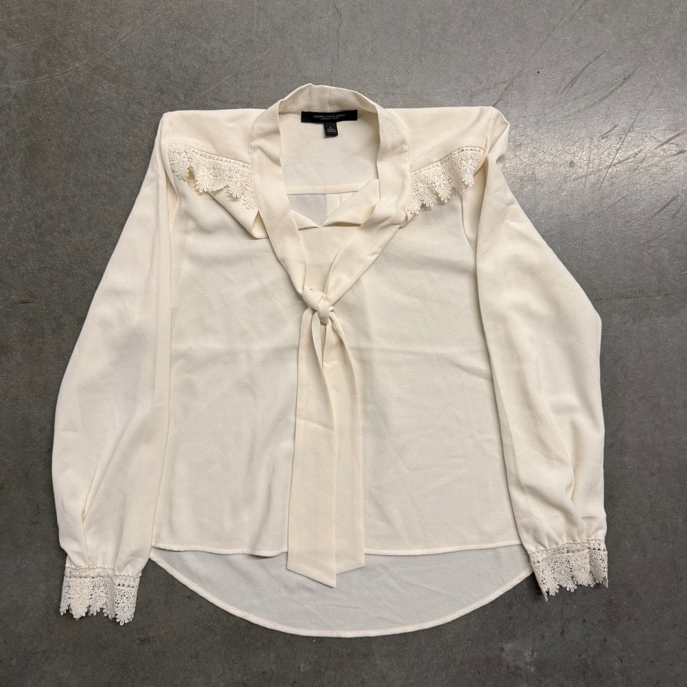 Marc New York Andrew Marc Cream Tie Neck Lace Trim Blouse Large Ivory L Sleeve